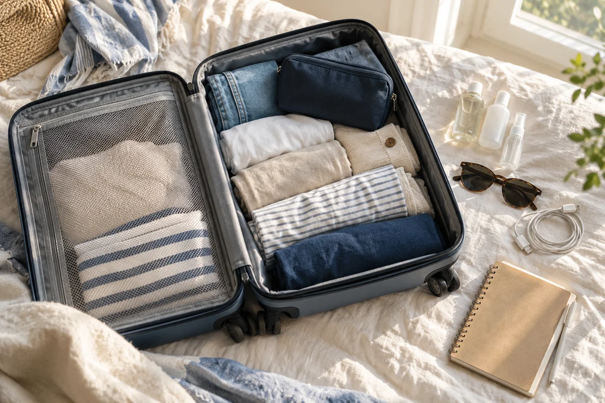 AI-generated illustration of neatly packed cabin luggage in natural window light